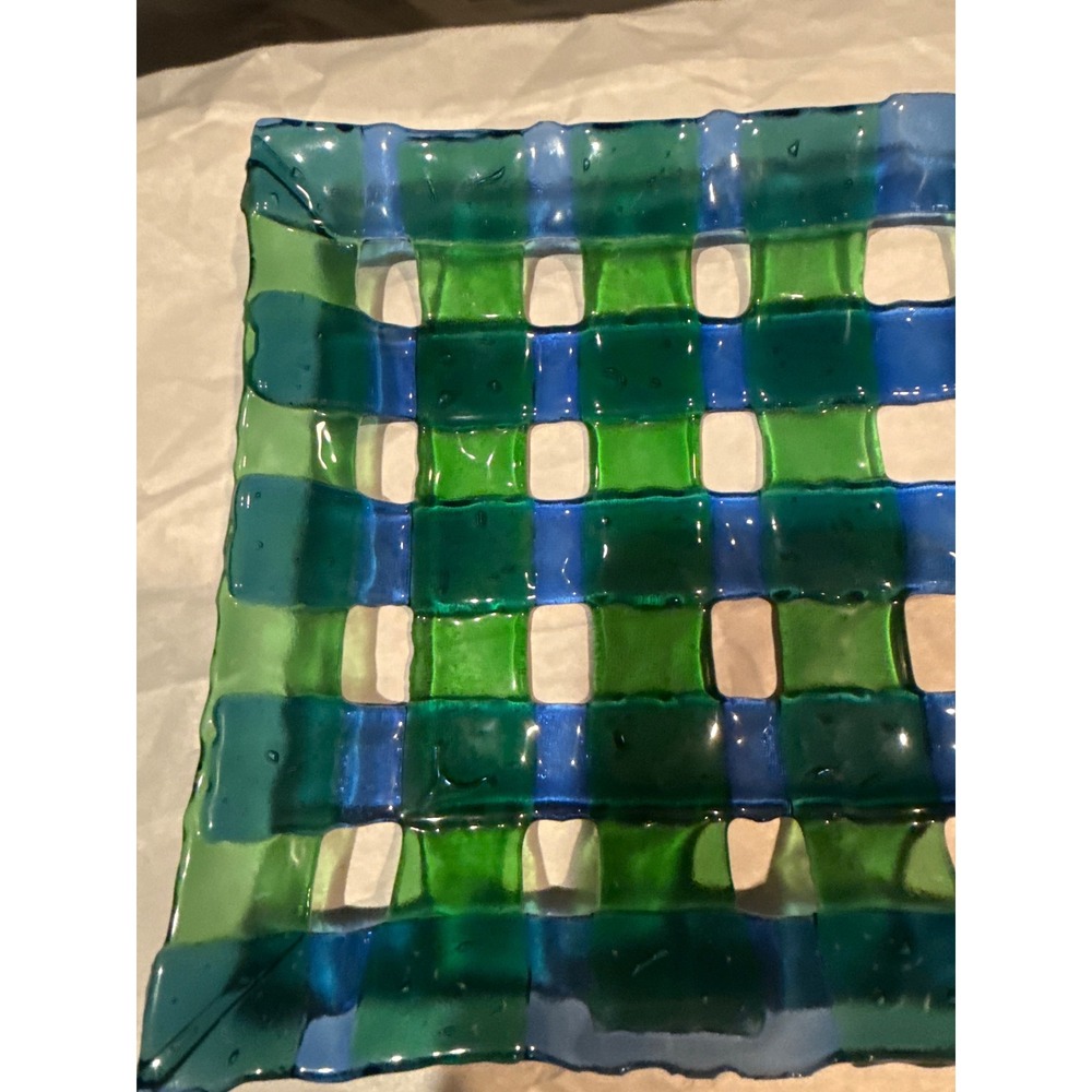 Handmade Fused‎ Glass Woven Lattice Platter Green Blue Plaid Decorative Tray 14" - Picture 2 of 6